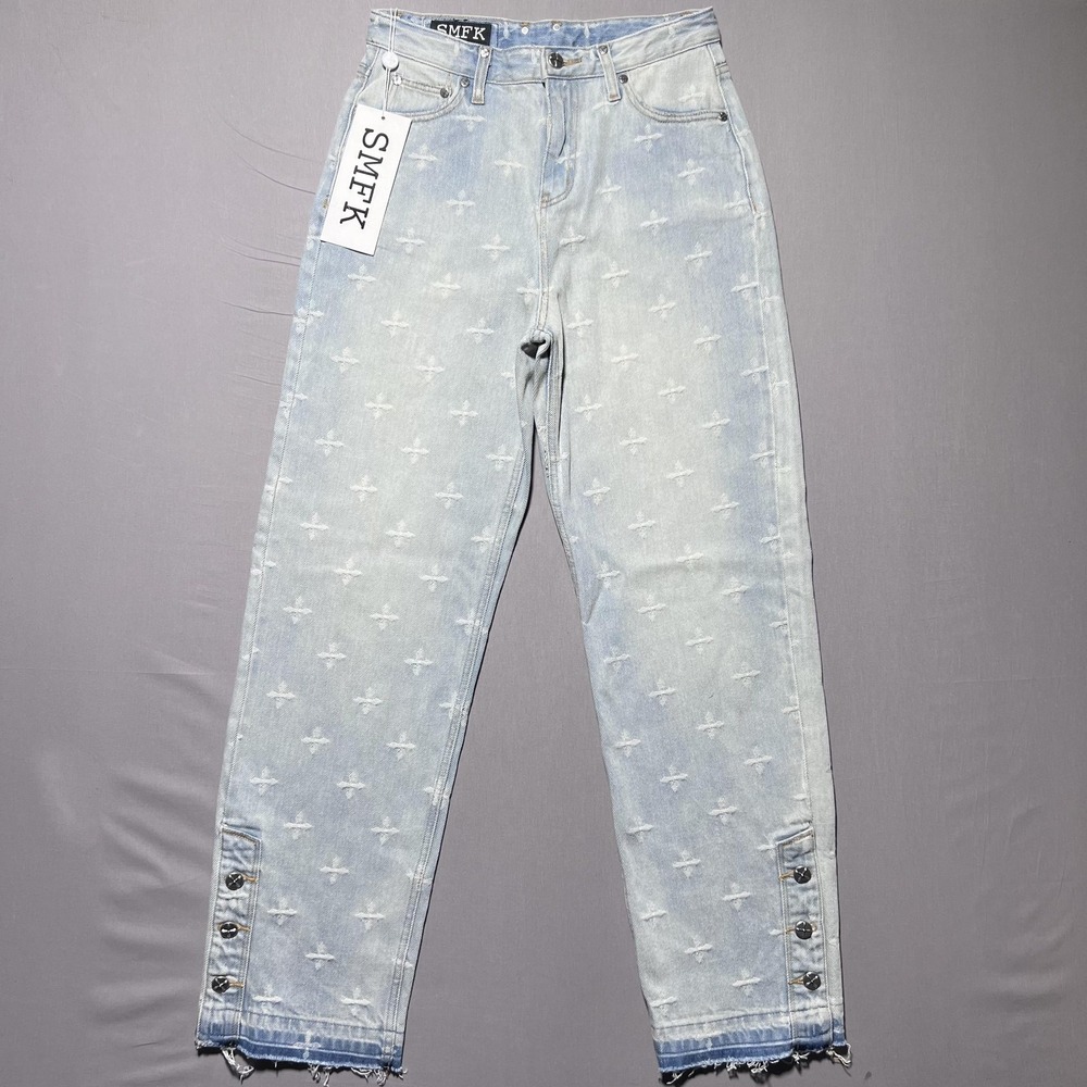 SMFK Garden Cross Print High rise Straight Leg‎ Blue Jeans Button Hem Sz L 29x31